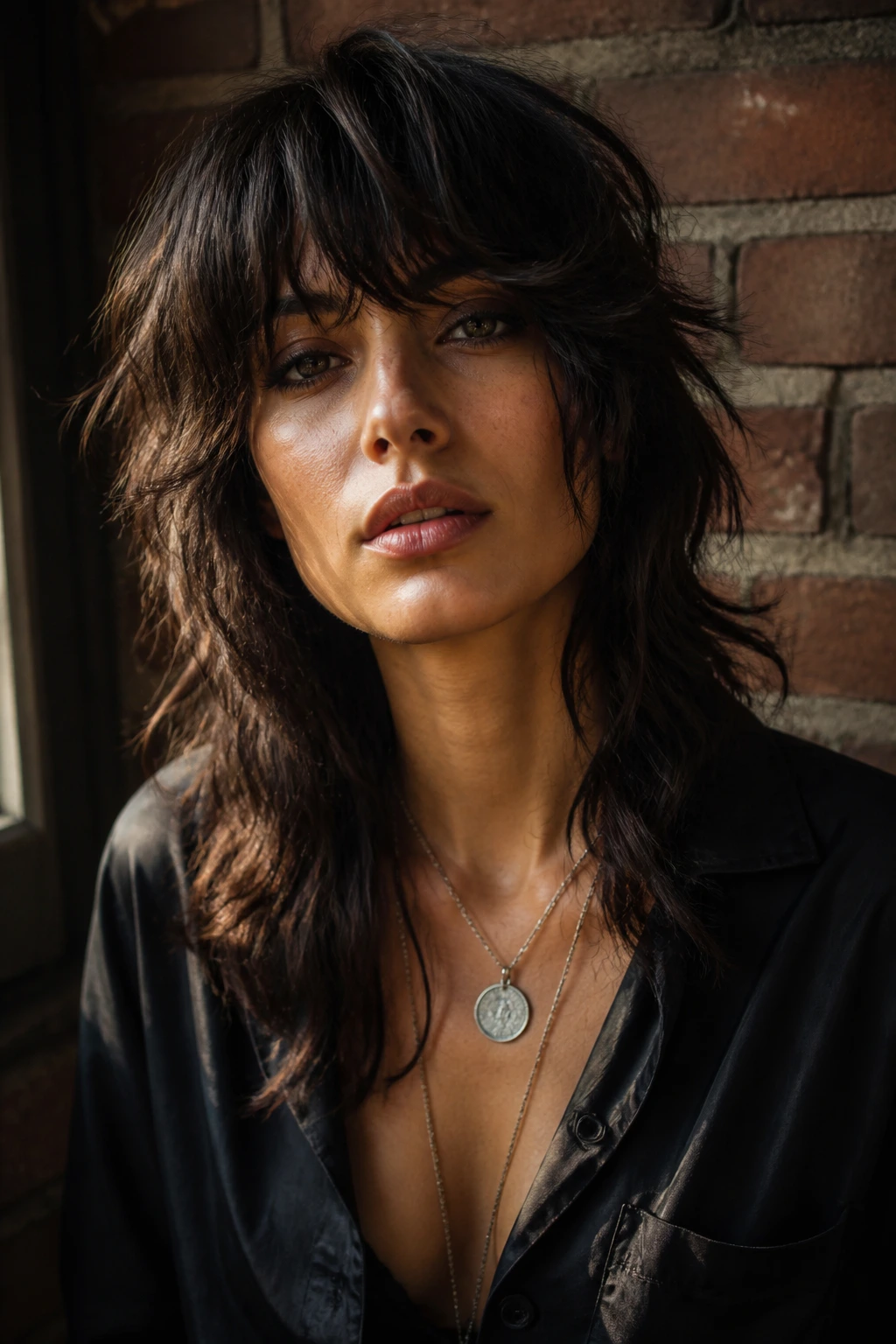 Close-up of a real woman with a bold Classic Rocker Shag featuring a full fringe and textured ends in an urban setting