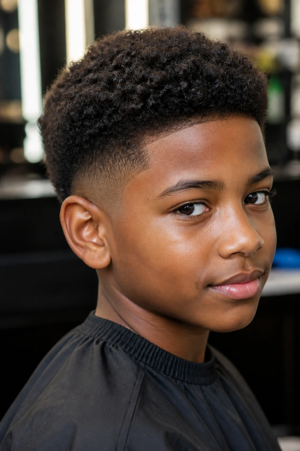 Portrait of a real Black boy with a classic rounded cut and soft taper