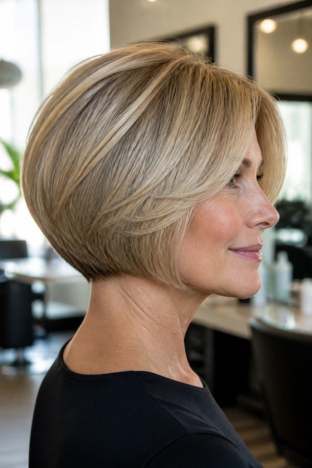 Portrait of a woman with a classic rounded stacked bob