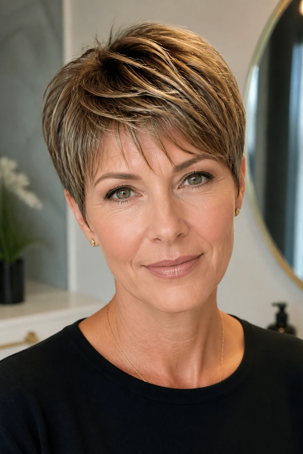 Close-up of real woman with classic salon pixie haircut showing short back and tapered sides
