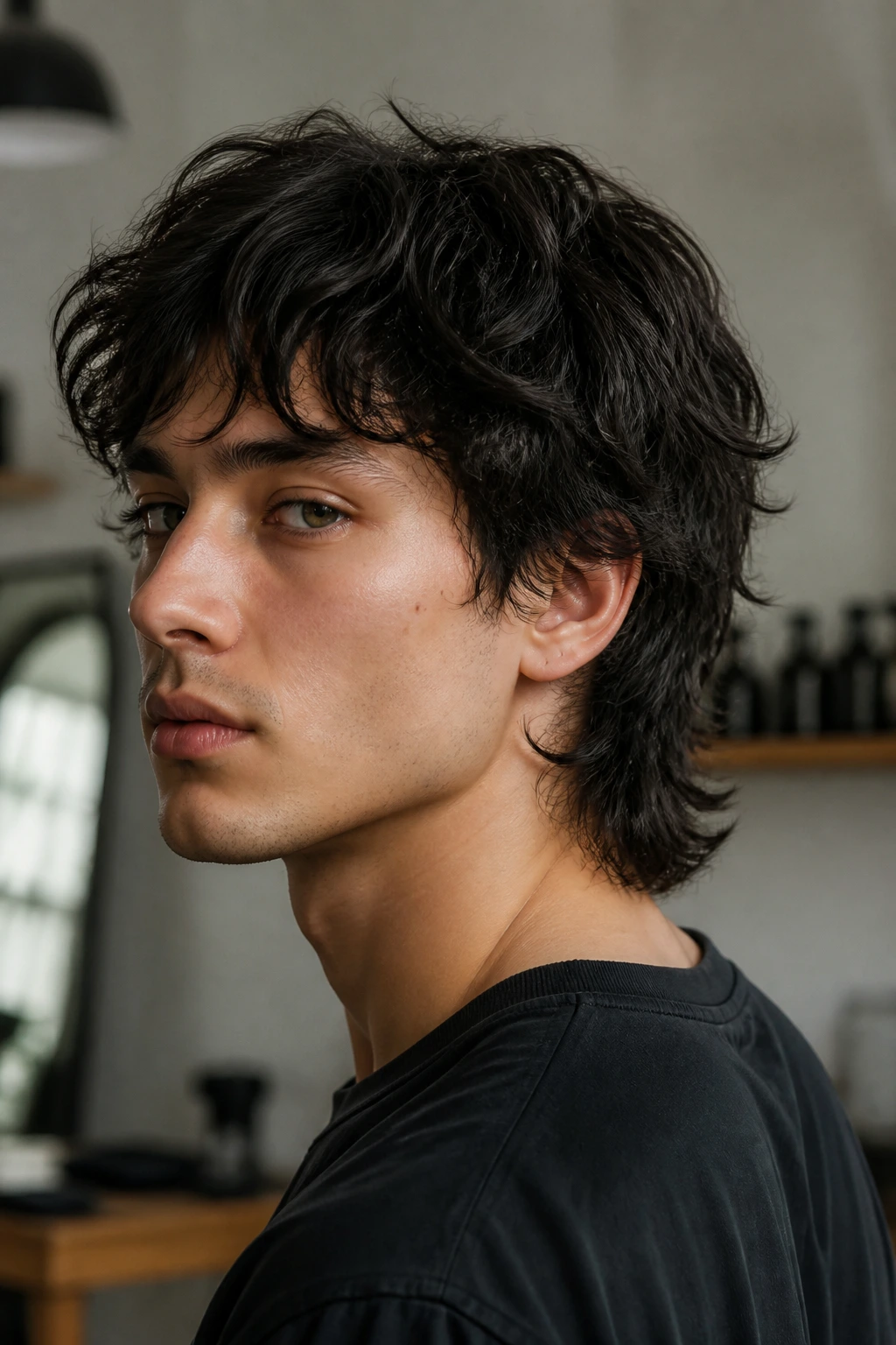 Shoulder-length portrait of a real person with classic scissor mullet in soft light