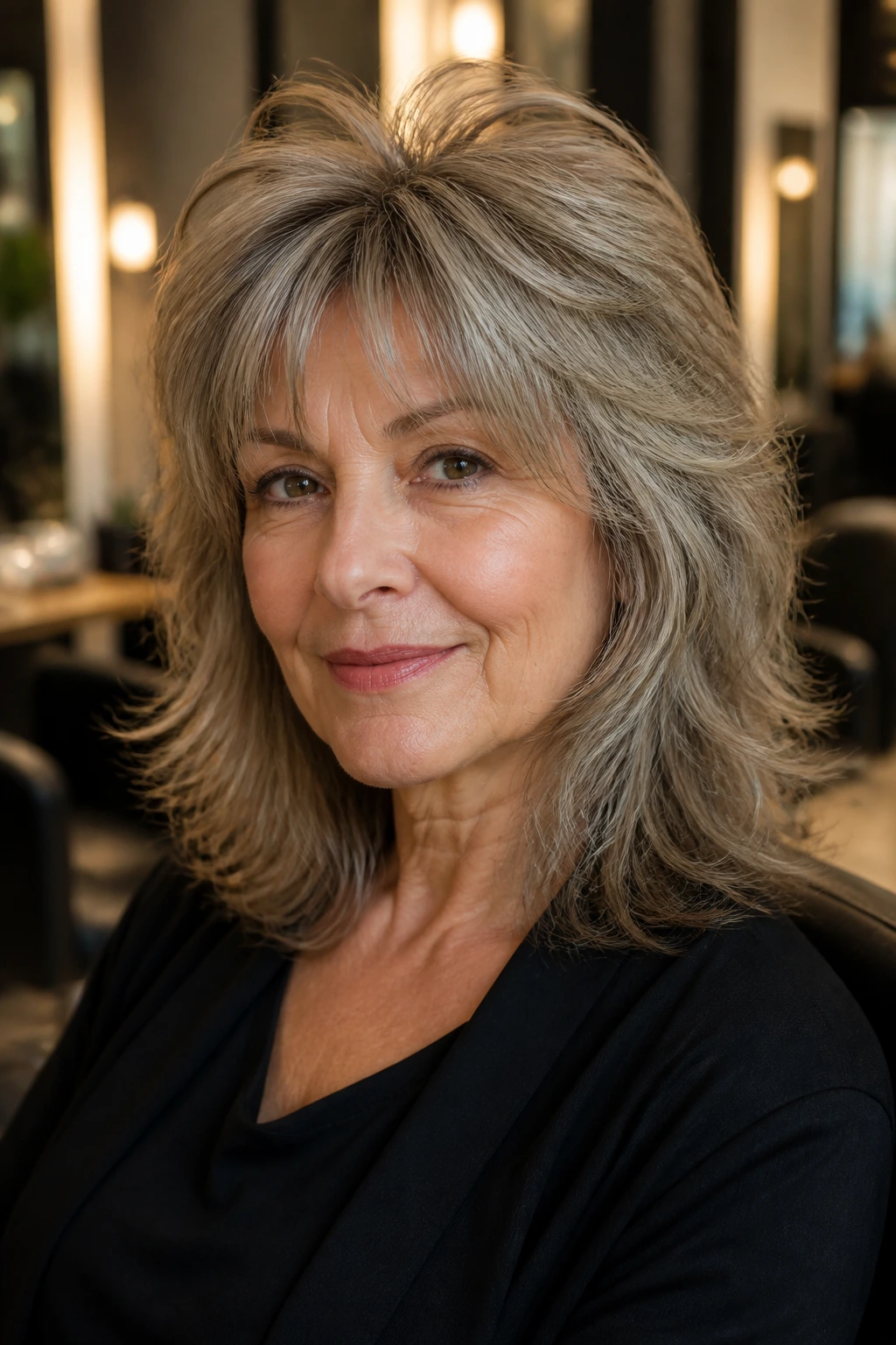 Portrait of a real person in a salon chair with classic shag and soft crown lift.