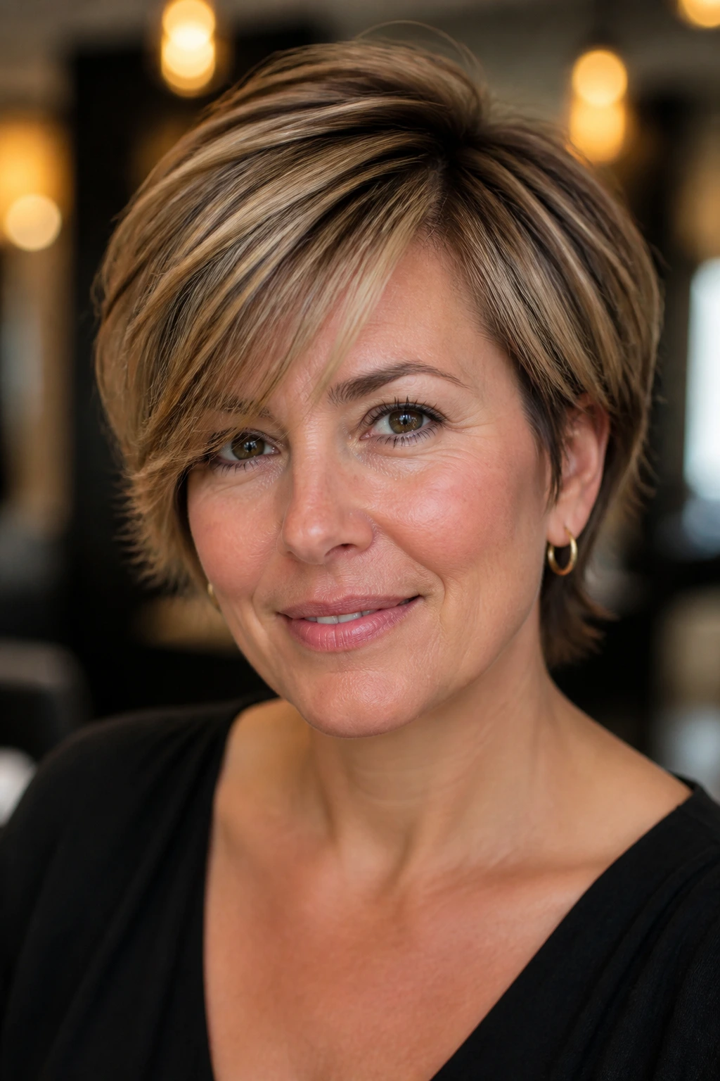 Portrait of a real woman wearing a classic short layered cut with side part