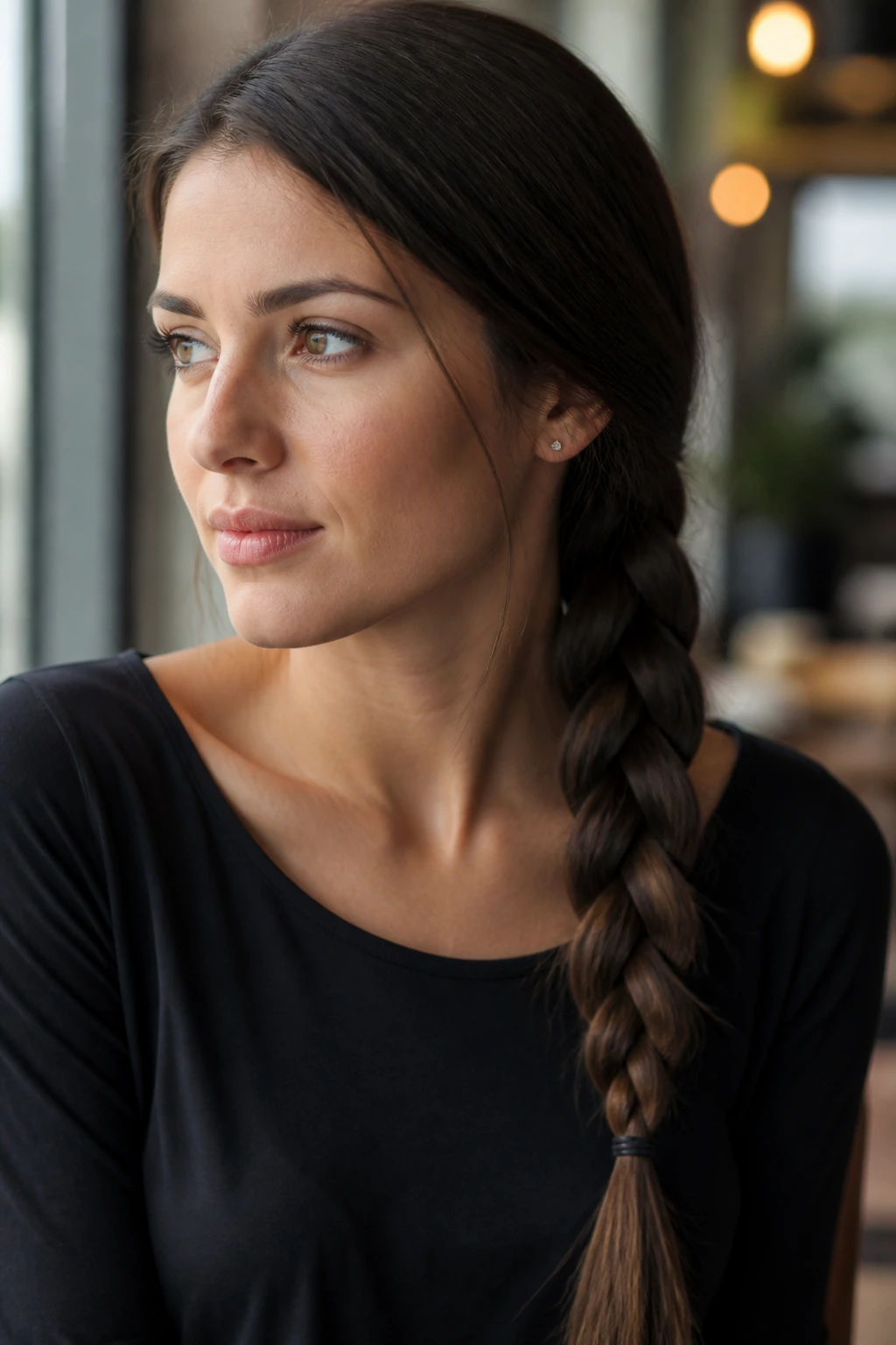 Close-up of real woman with classic side braid over shoulder in natural cafe light