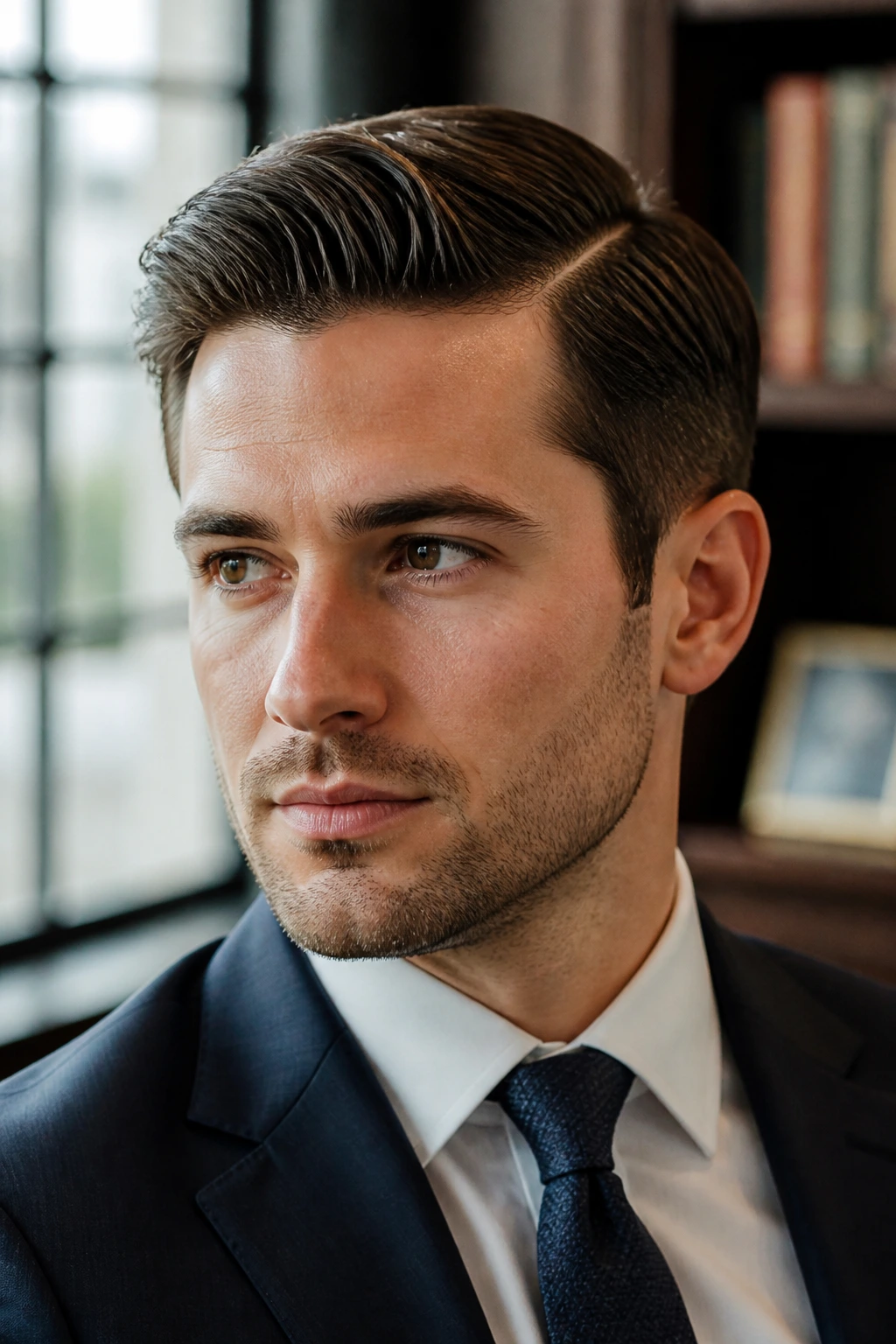 Real man with a classic side part hairstyle in daylight office setting
