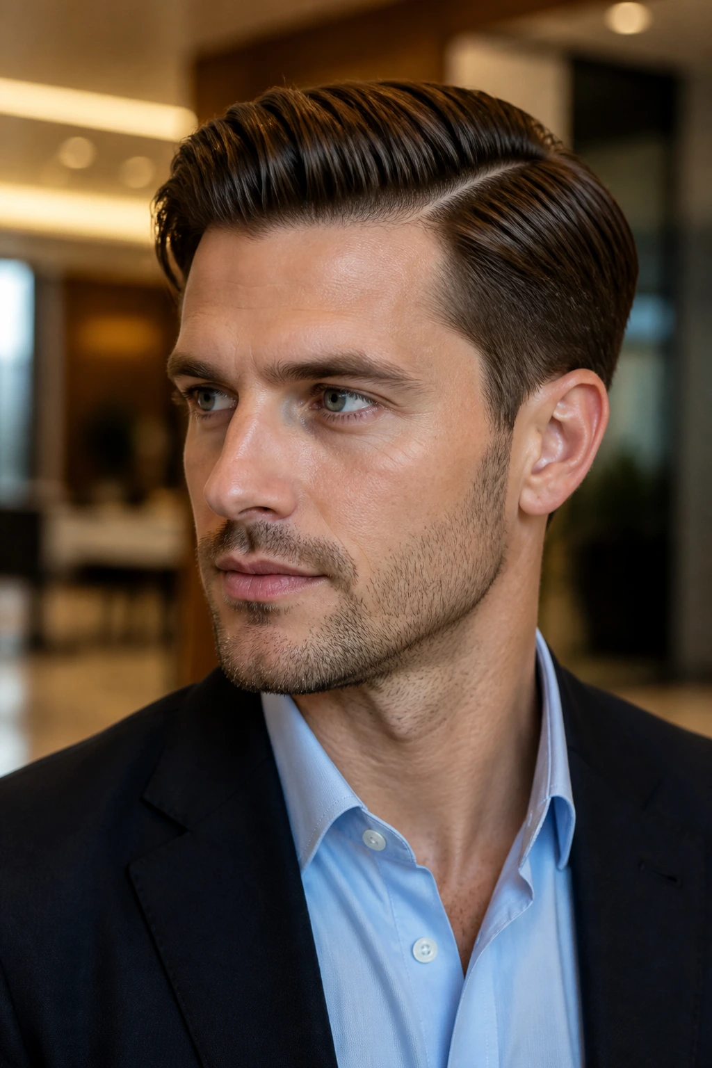 Close-up of a man with a classic side part hairstyle in a warm office setting