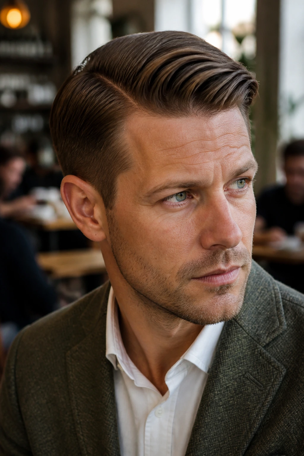 Close-up portrait of a man with a classic side part in a cafe setting.