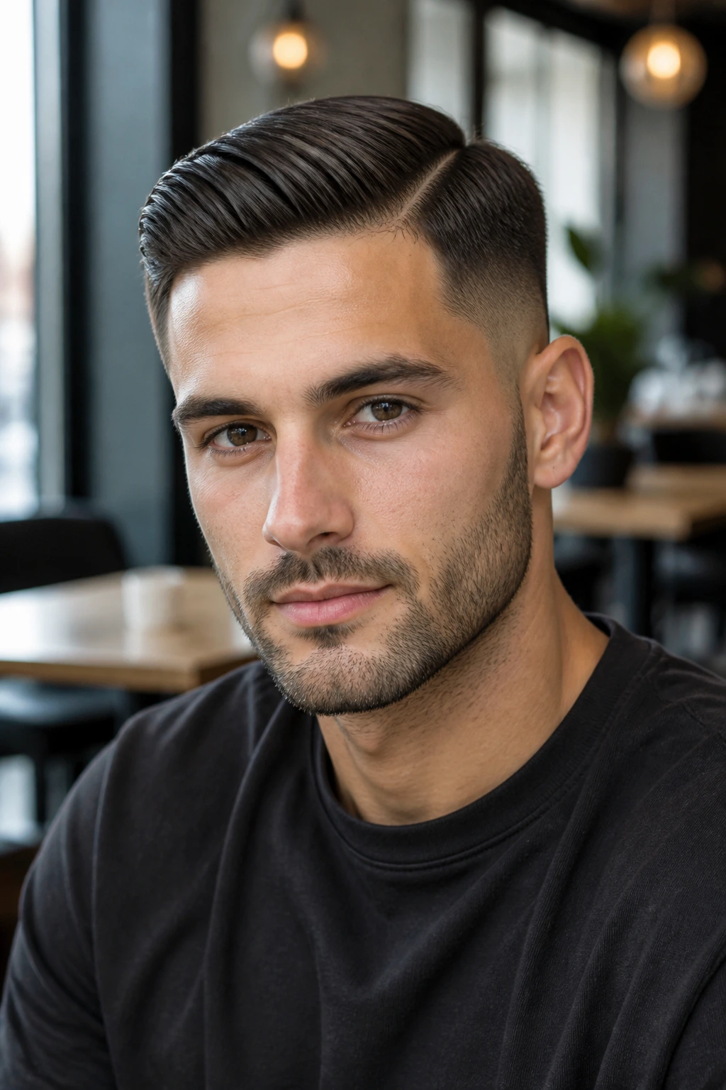 Close-up of a man with a classic side part and low fade, cafe background.