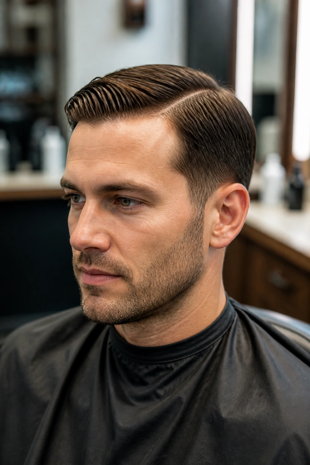 Portrait of a man with classic side-part Ivy League haircut in a barber chair.