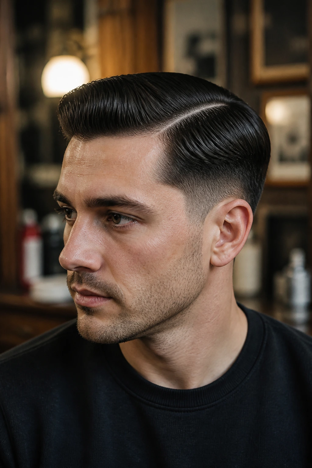 Close-up of man with classic side part and low taper