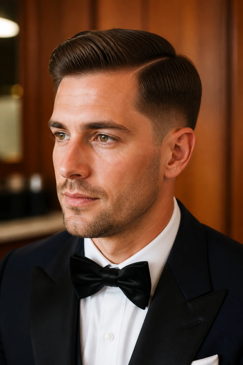 Close-up portrait of a man with a classic side part and a low taper in warm dressing-room light
