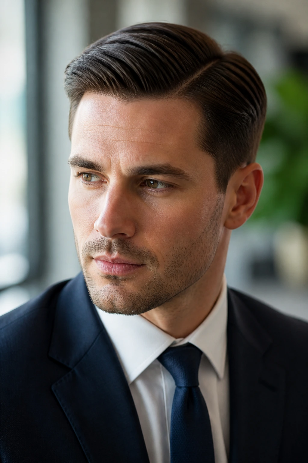 Close-up of a man with a classic side-part hairstyle in an office setting