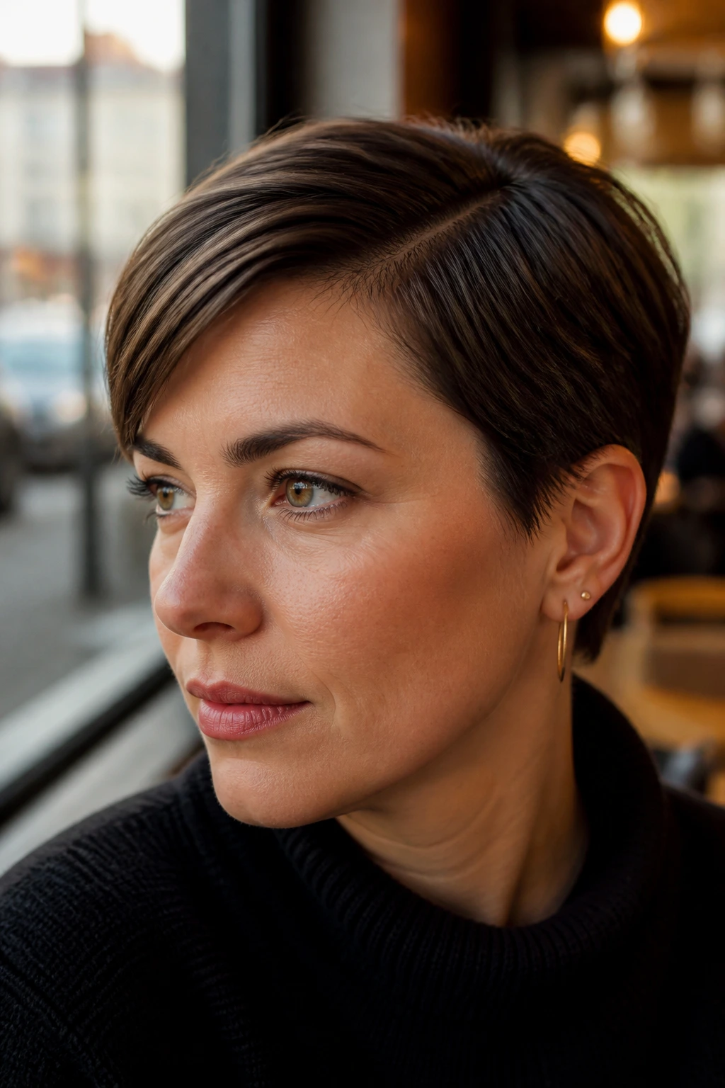 Close-up of real person with classic side-part pixie in cafe setting