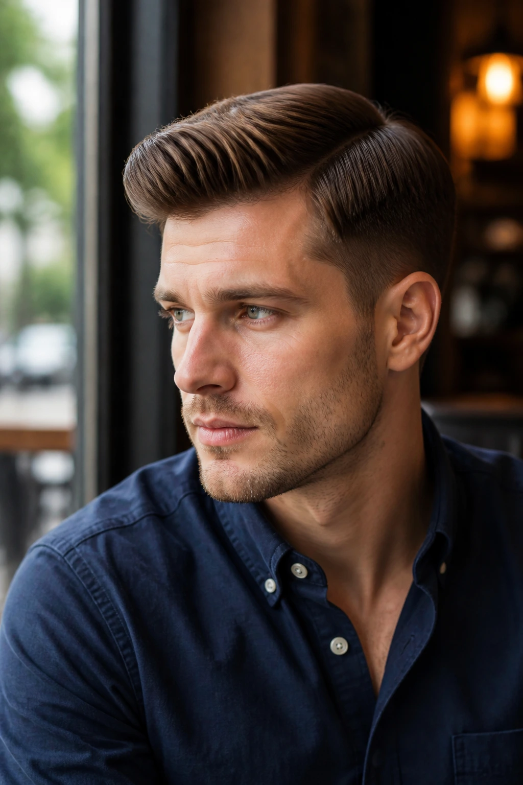 Close-up portrait of a man with a classic side-part quiff in a cafe setting