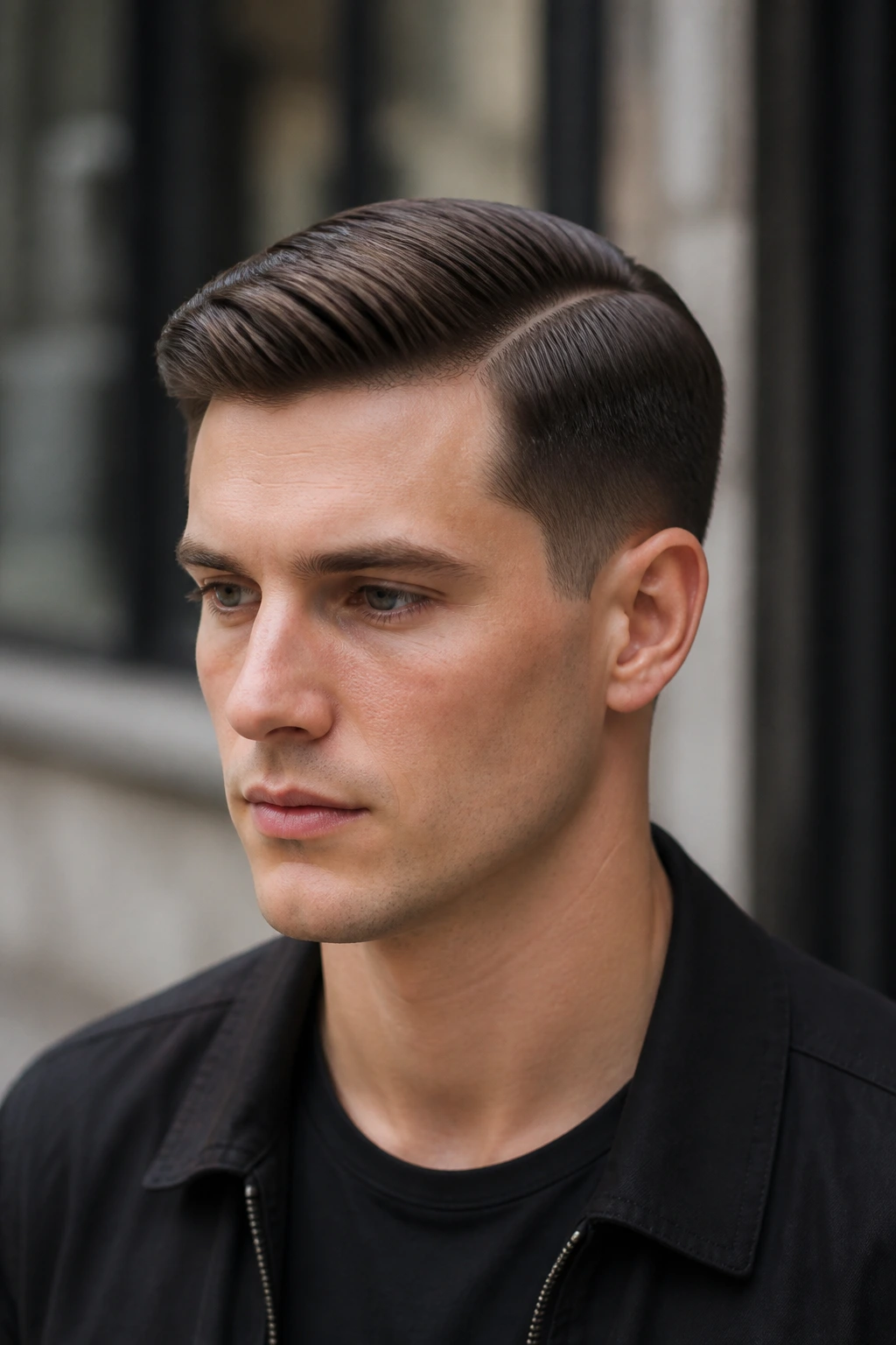 Close-up portrait of a man with a classic side part and taper