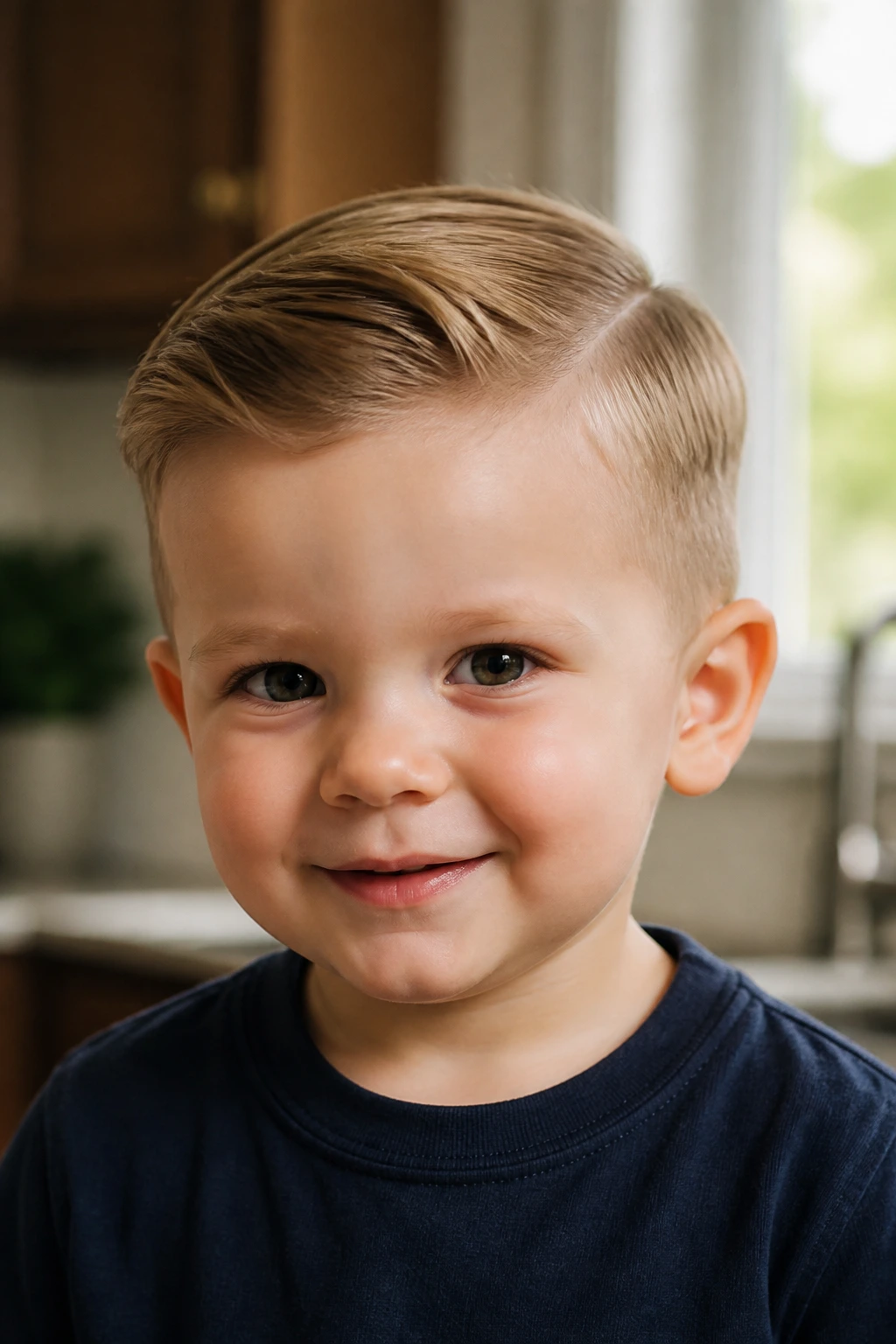Close-up of a toddler with a classic side part hairstyle