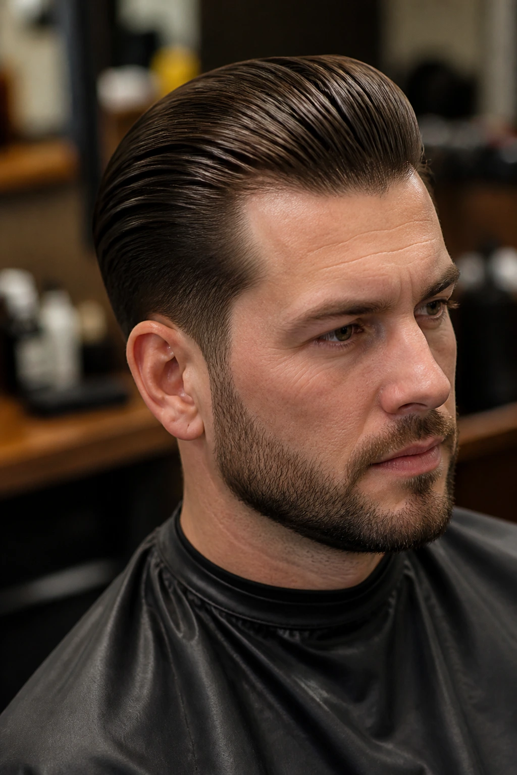 Portrait of a man with a classic slick back hairstyle in a barber chair