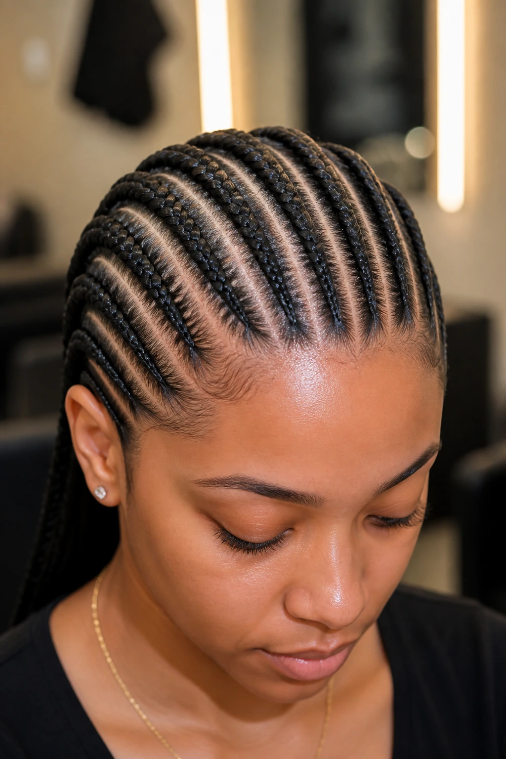 Close-up of a real person with straight-back feed-in braids and crisp part lines