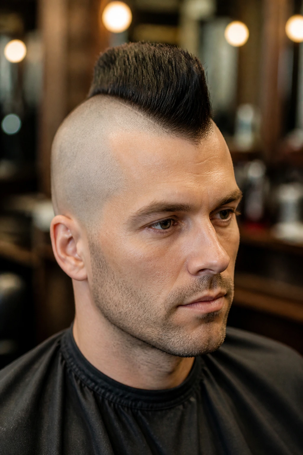 Close-up portrait of a man with a classic strip mohawk and clipped sides.
