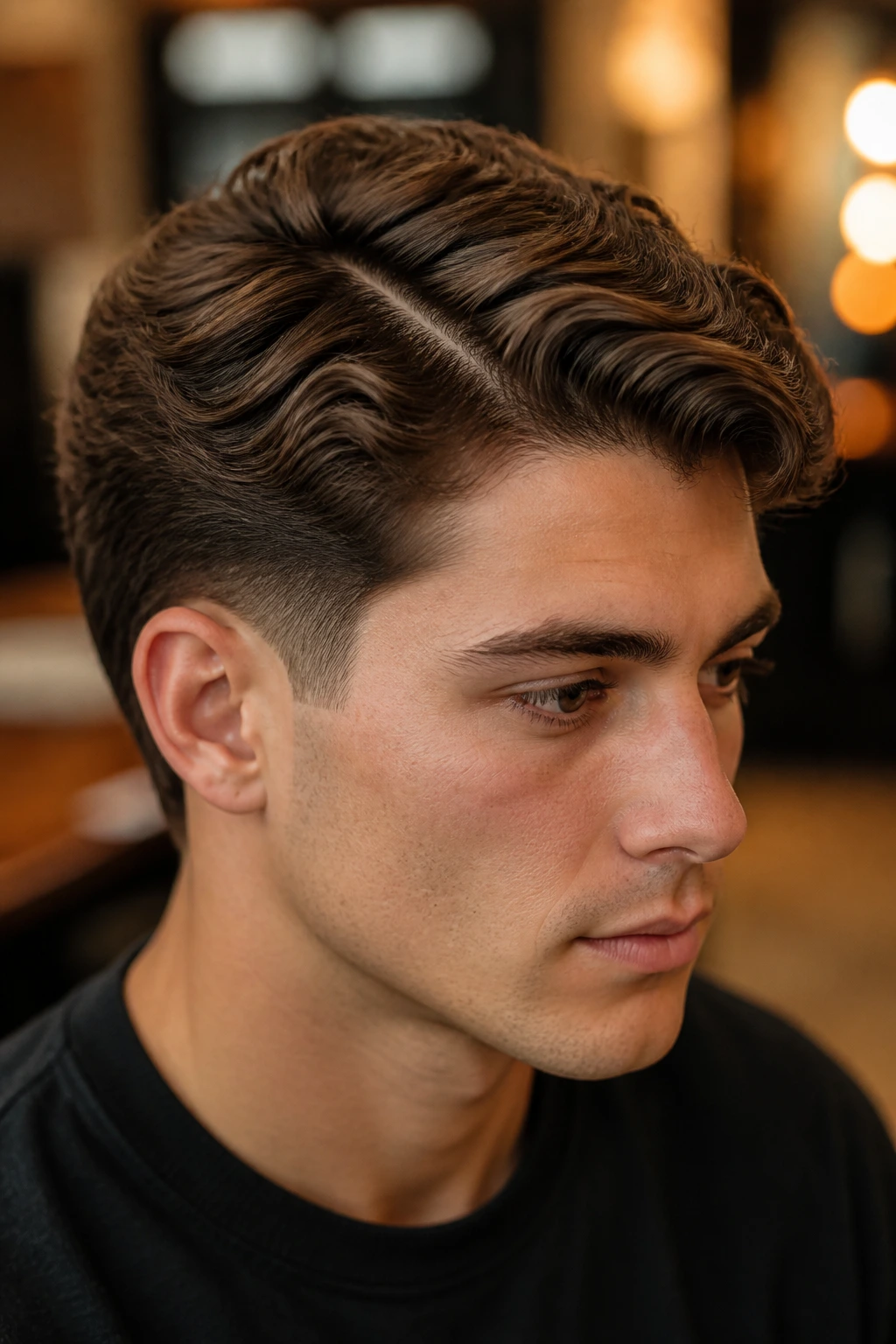 Close-up portrait of a man with a classic taper and natural part