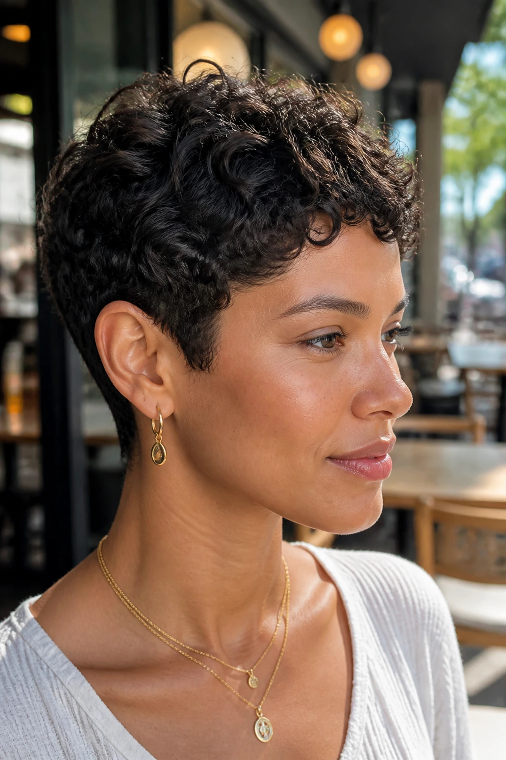 Close-up portrait of a real woman with a classic tapered curly pixie.