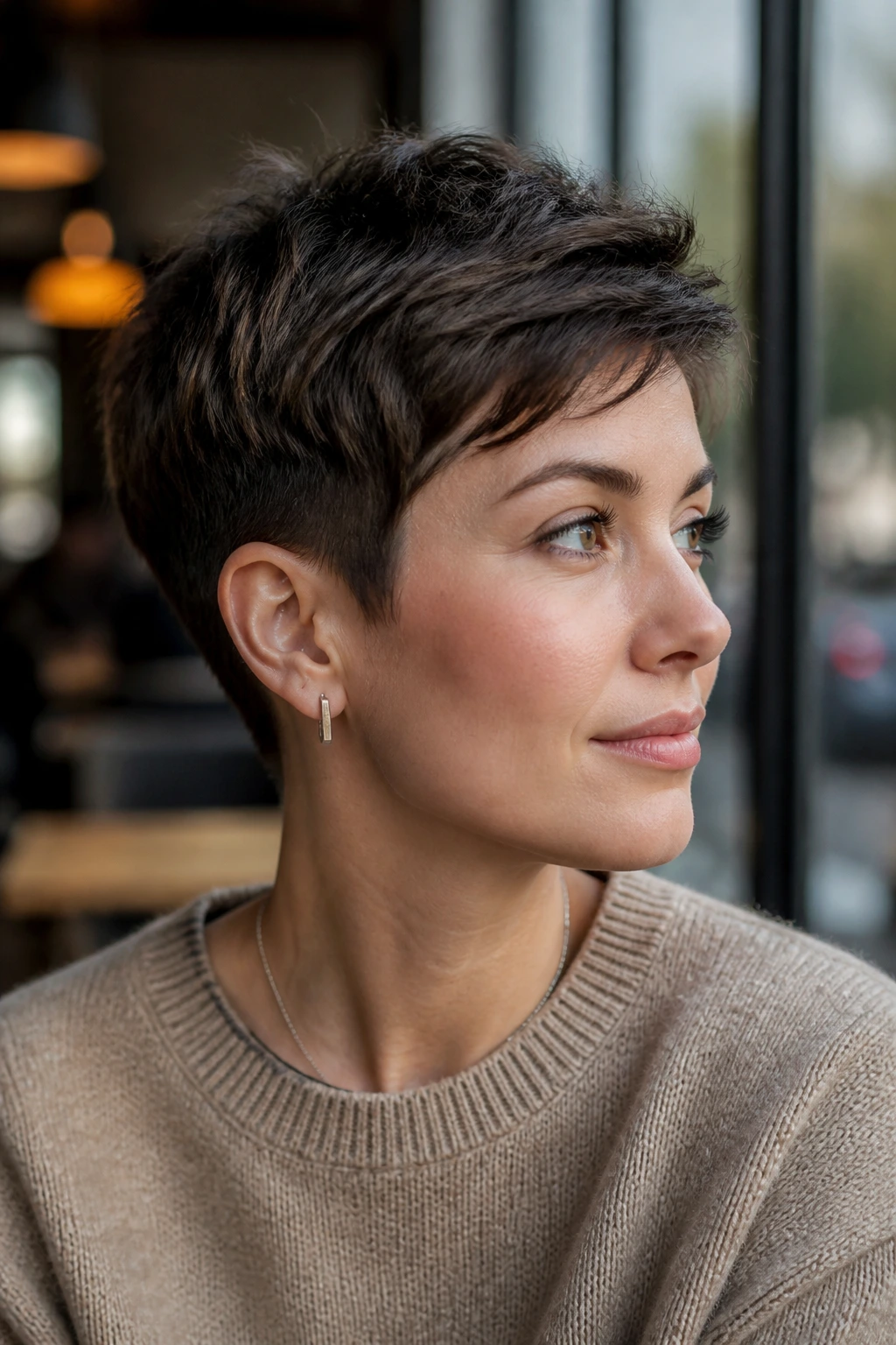 Close-up of real person with classic tapered pixie hairstyle in a bright cafe