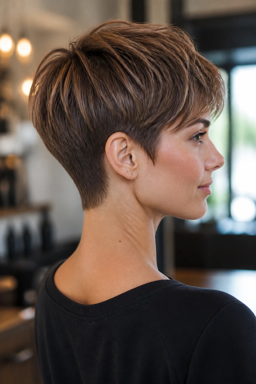 Portrait of a woman with a classic tapered pixie bob in a salon setting.