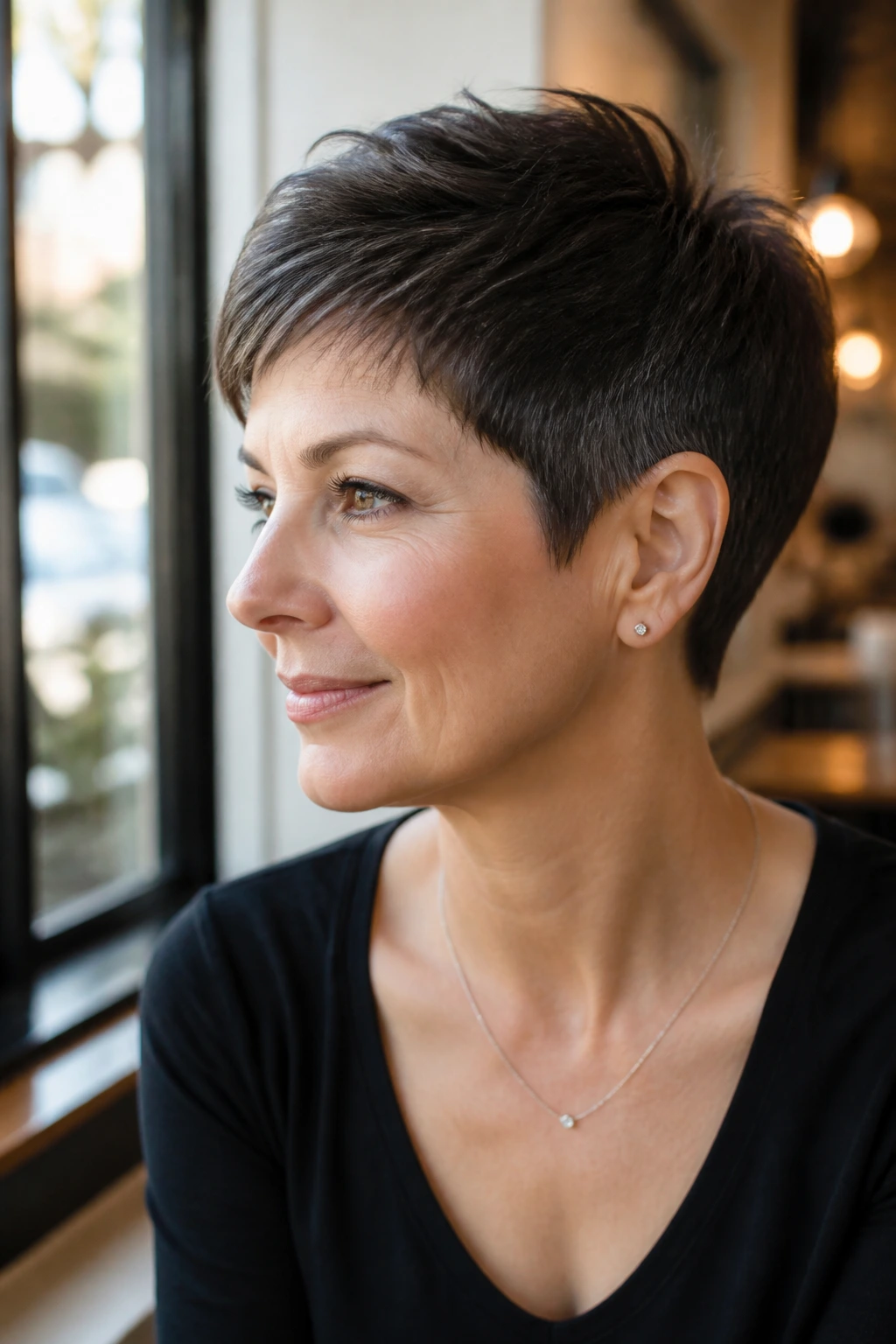 Portrait of a woman with classic tapered pixie showing neat silhouette and tapered sides.