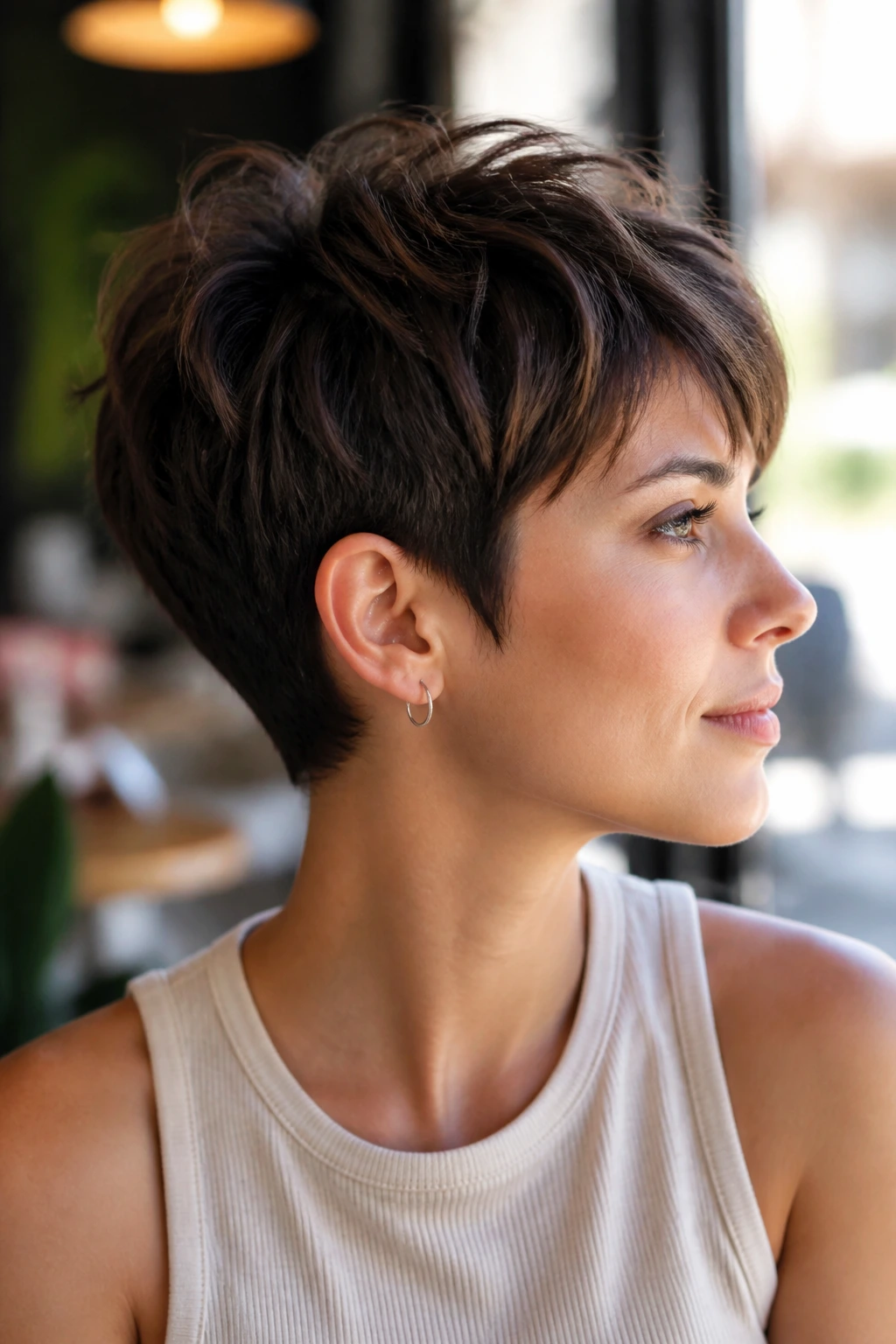 Close-up portrait of a woman with a classic tapered pixie haircut under warm cafe light