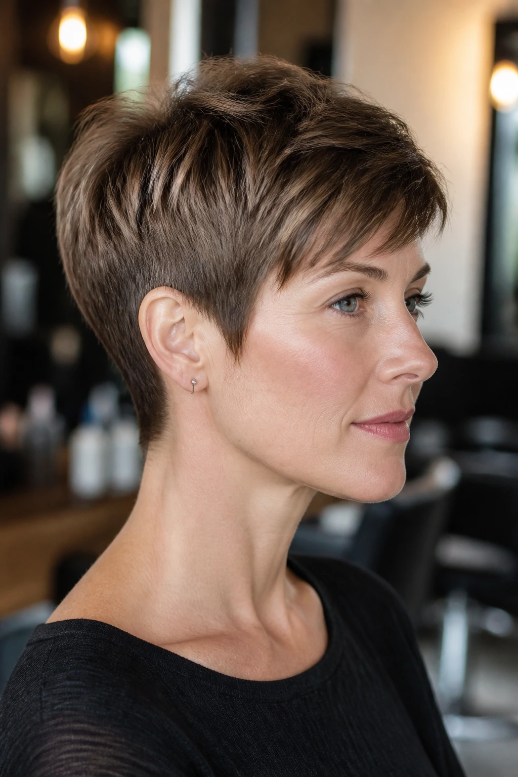 Real person with classic tapered pixie showing crisp lines and crown lift