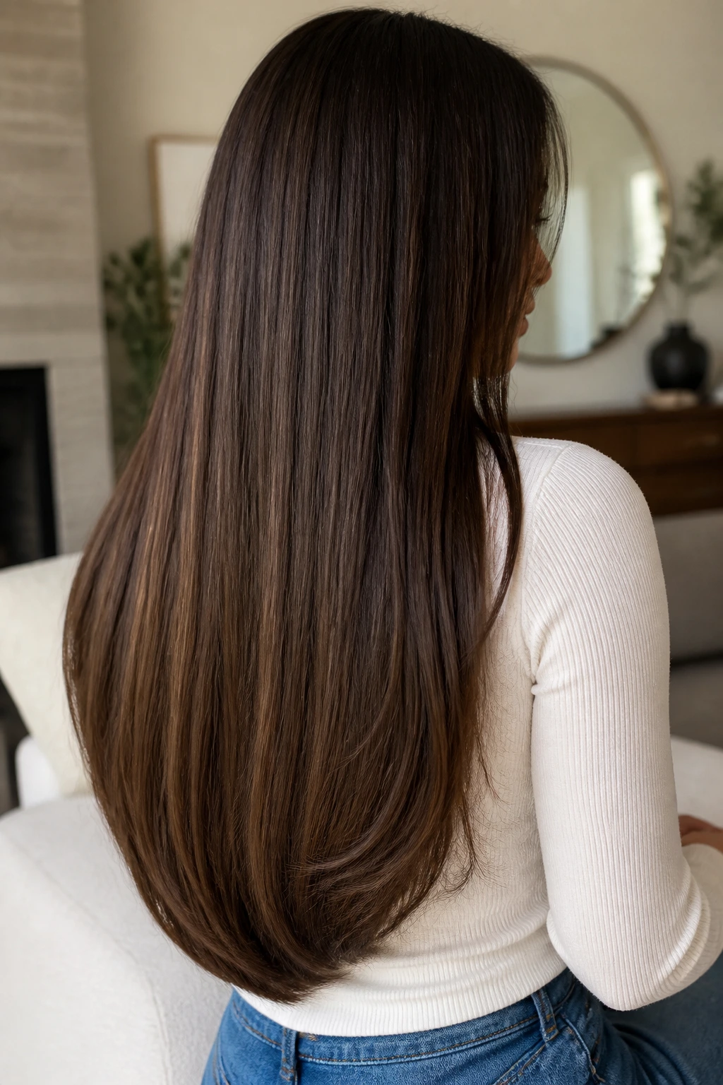 Long hair with a classic U-shape at the back on a real person