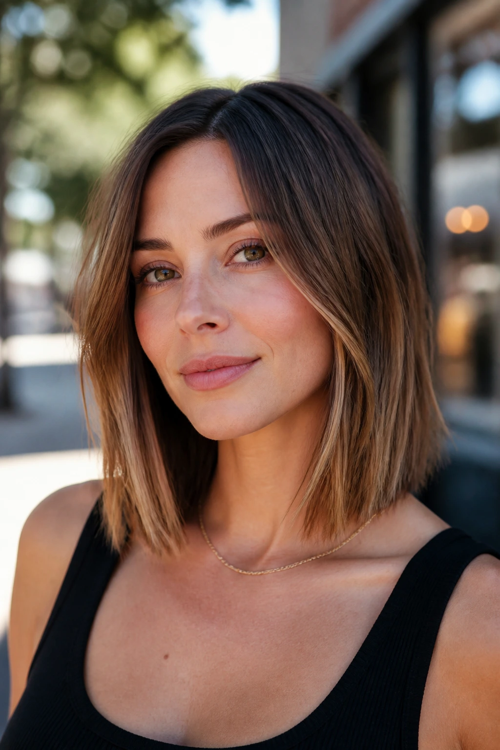 Woman with clavicle angle lob grazing the collarbone in daylight
