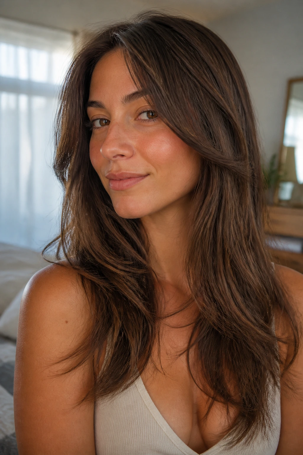 Real person with clavicle-length cascading layers, close-up portrait with soft morning light.