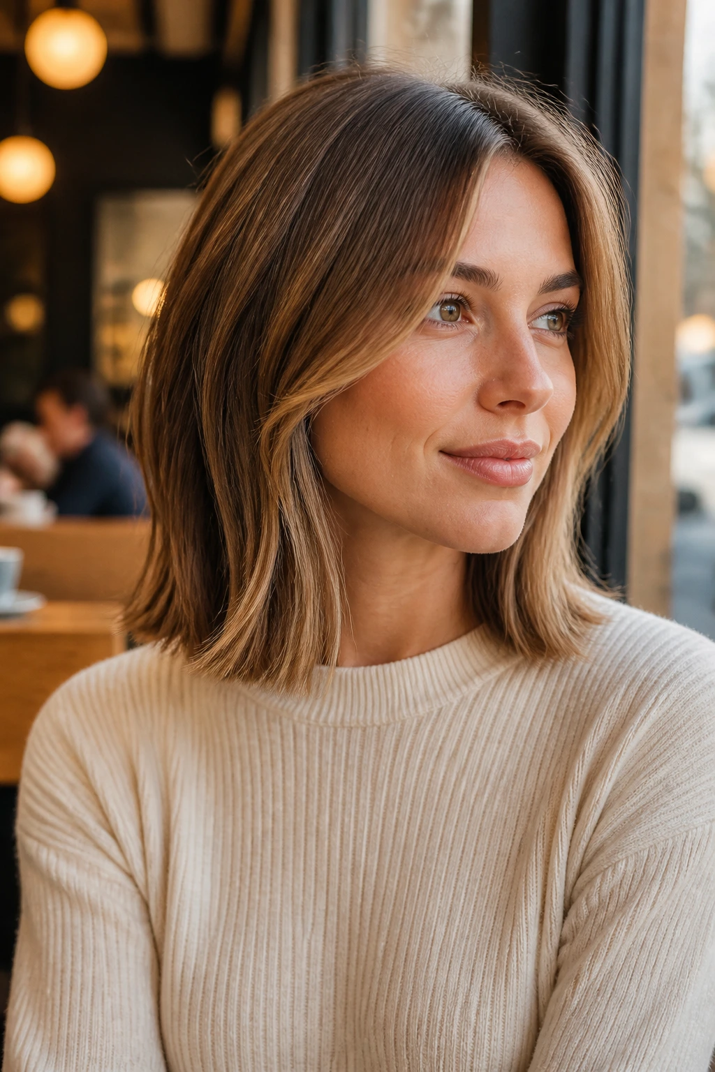 Close-up of a real woman with clavicut at collarbone length and light face-framing pieces