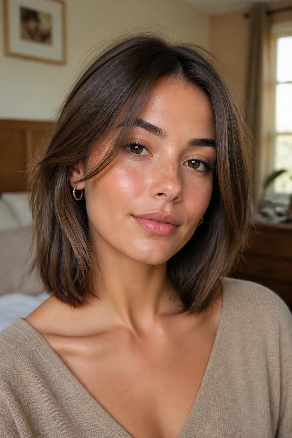 Close-up portrait of clavicut hairstyle with hidden layers at collarbone length.