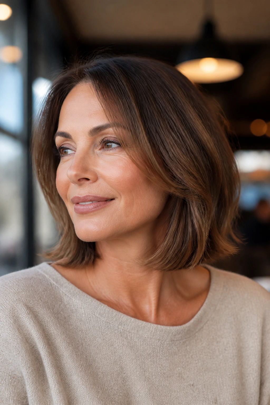 Real woman with clavicut at clavicle showing internal layers in warm cafe light