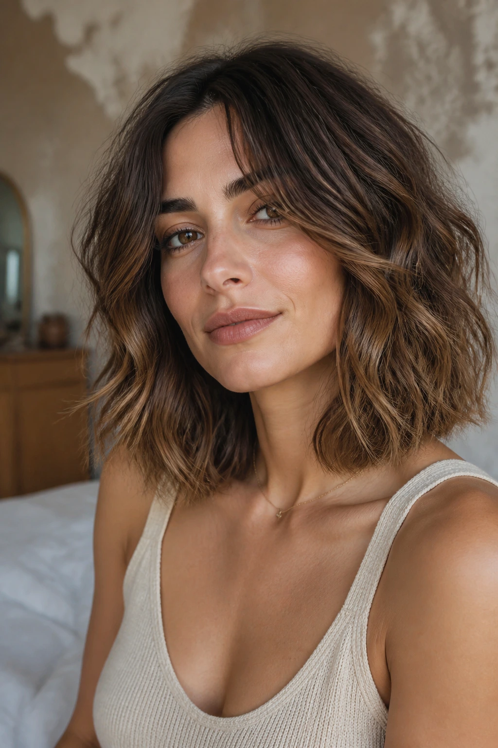 Close-up of a real woman with clavicut and invisible layers, showing collarbone-length waves.
