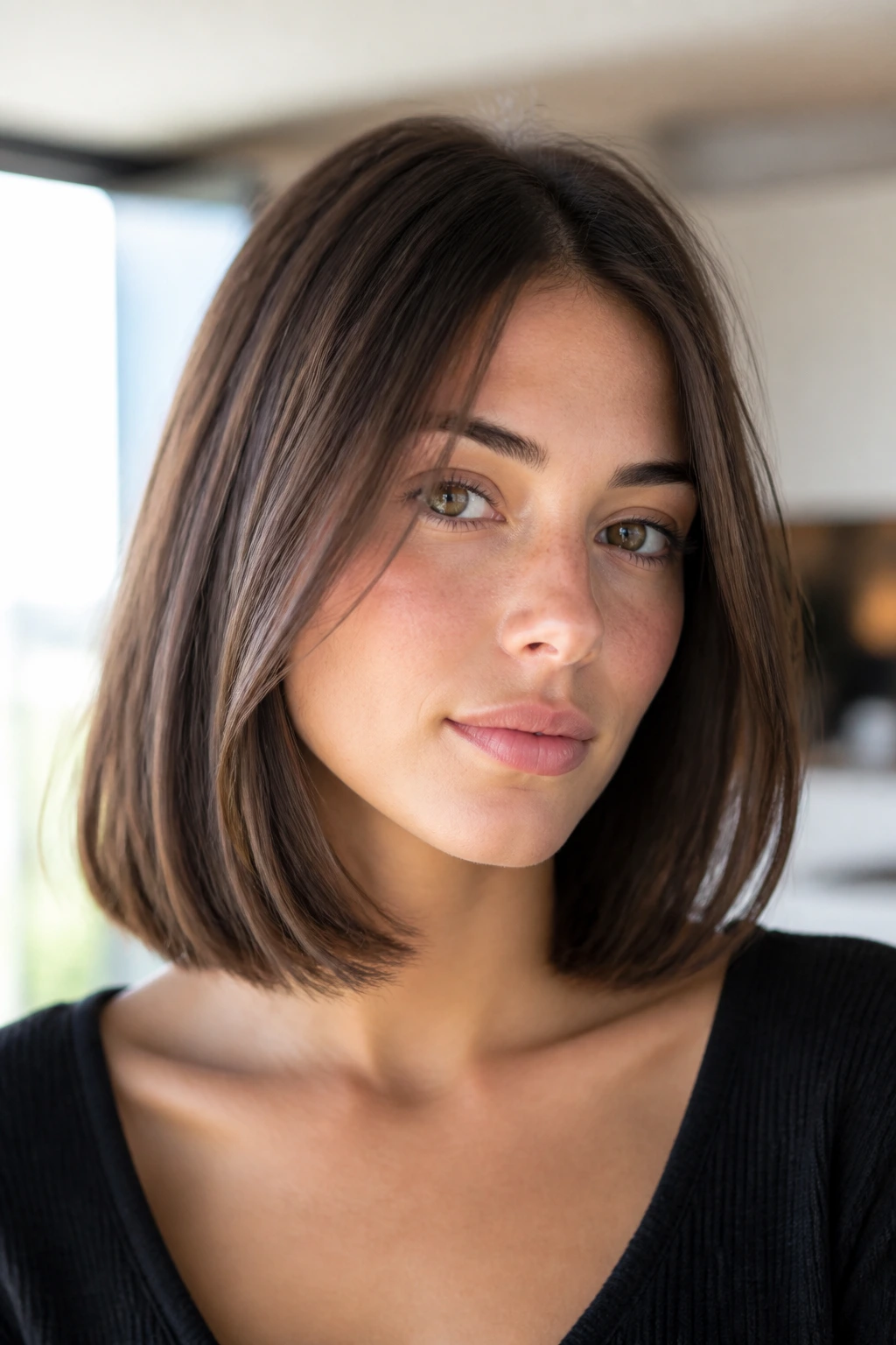 Close-up portrait of a real woman with clavicut lob resting at the collarbone under warm window light
