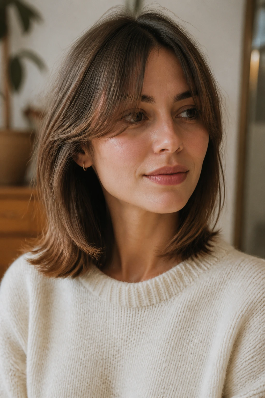 Close-up of a real person with clavicut length and outturned tips