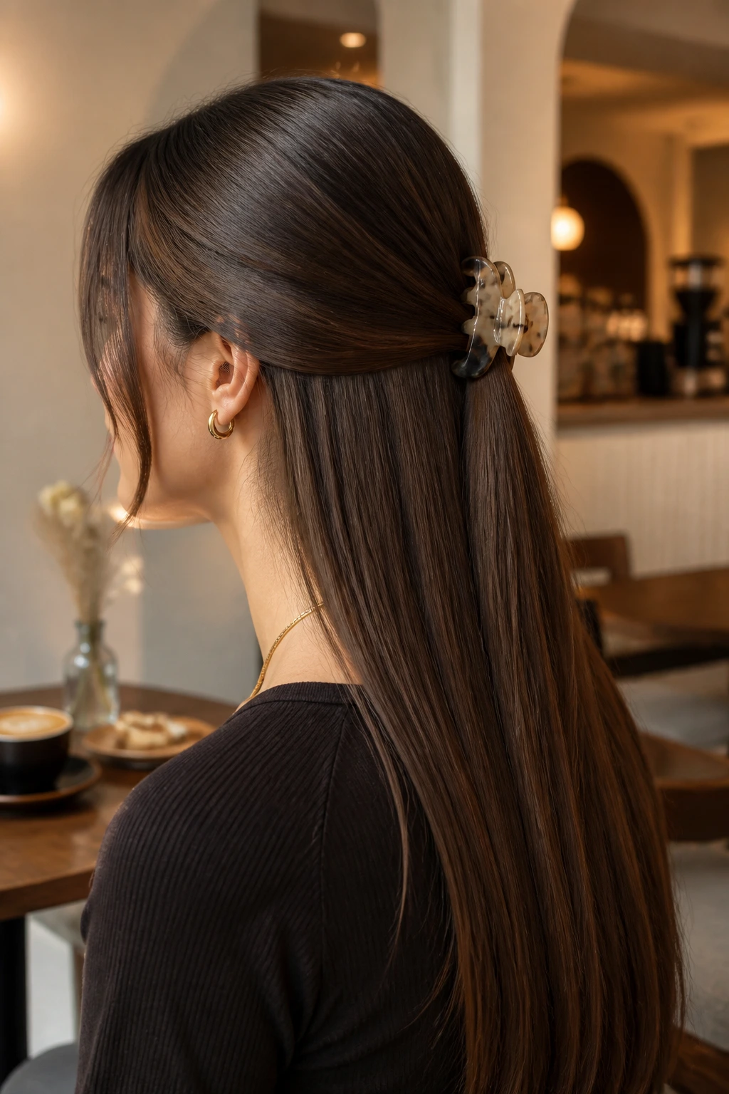 Close-up portrait of a real person with a claw clip sweeping hair at the back
