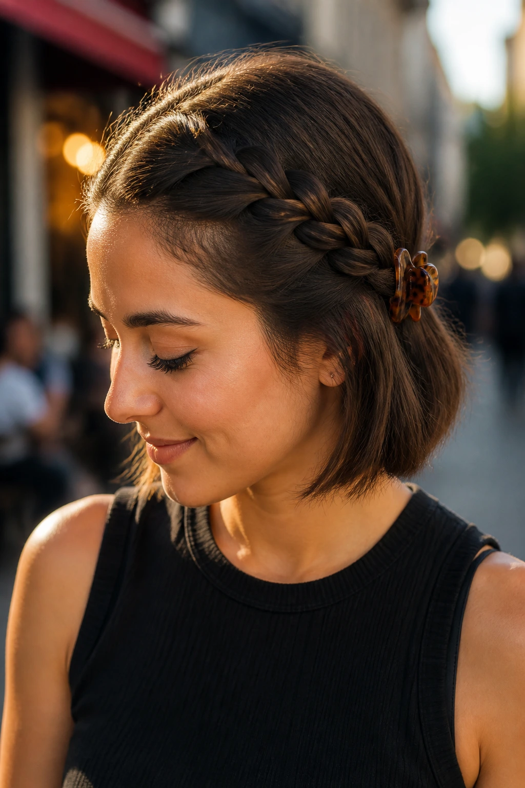 Close-up of a real woman showing a braid swept to the side with a claw clip in a casual bob.