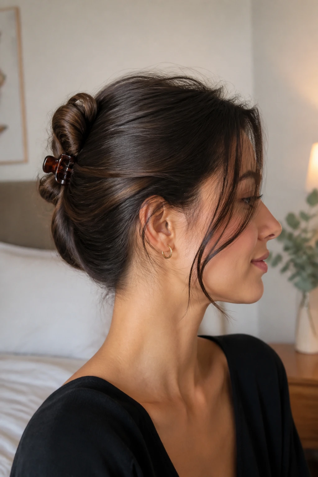 Side-profile close-up of a real woman with a claw-clip faux bun securing twist at the crown