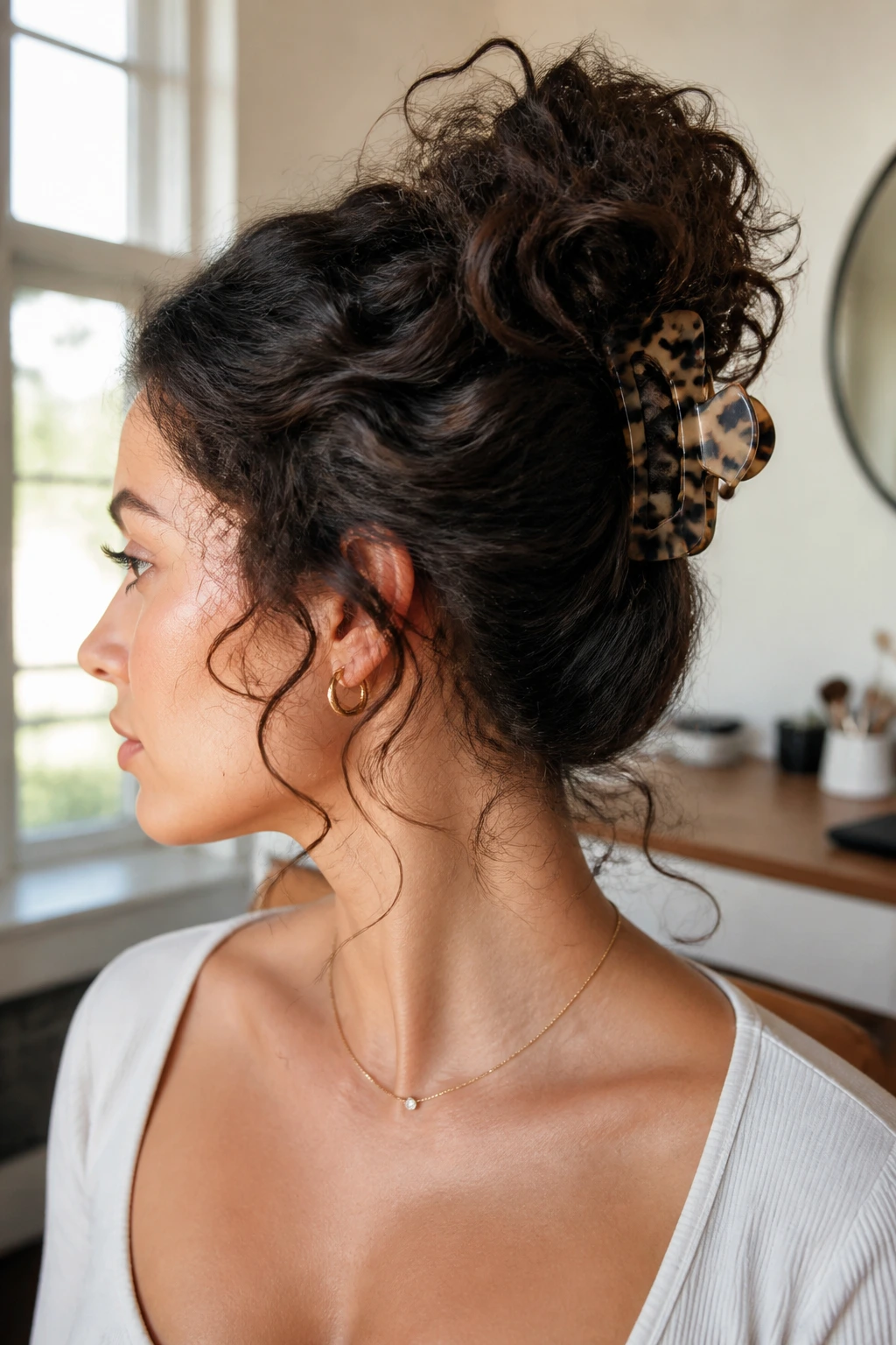 Close-up of a real woman with a claw-clip bun secured by a claw clip