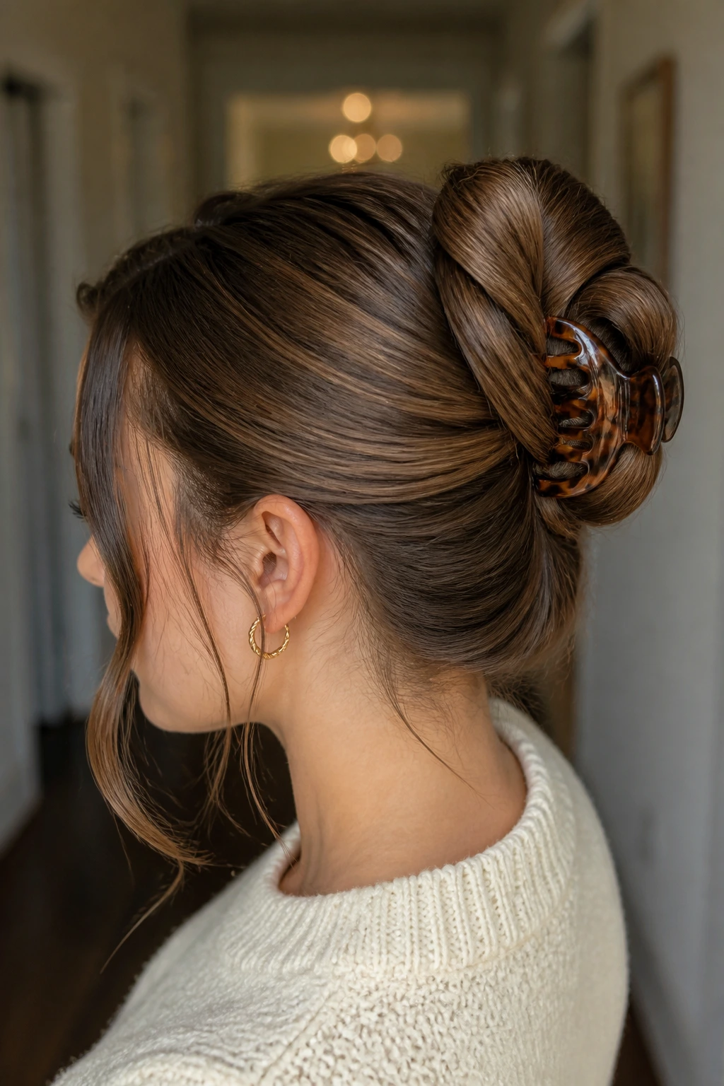 Close-up portrait of a real woman with a claw clip bun secured at the back