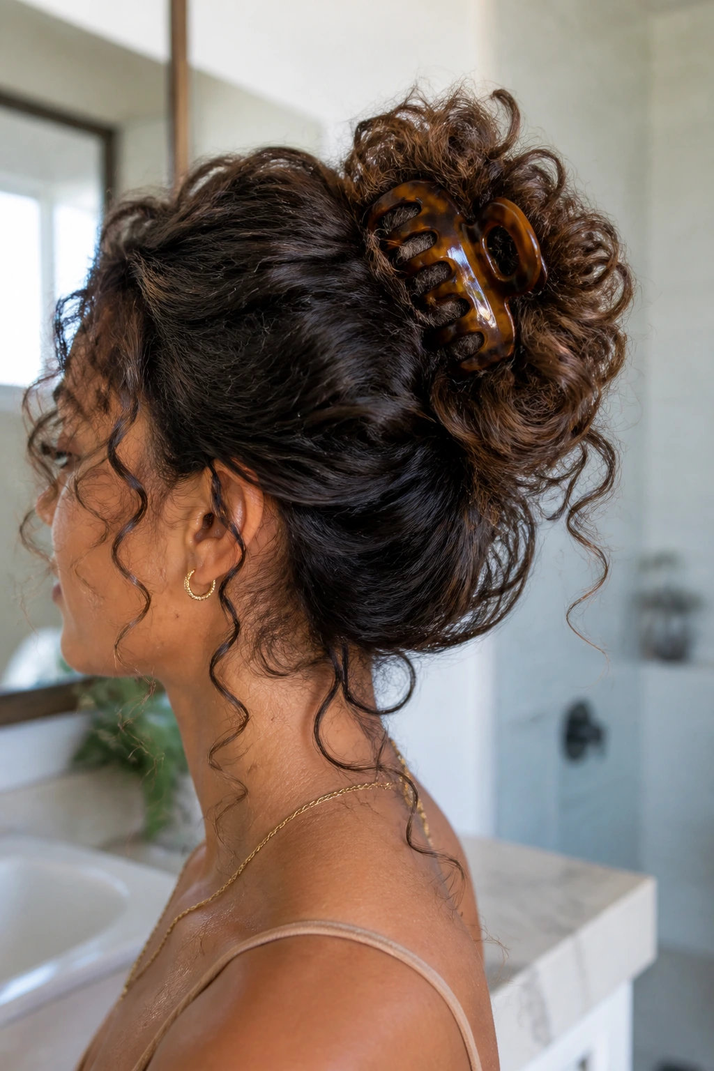 Close-up of a real woman with a claw-clip bun and loose coil.