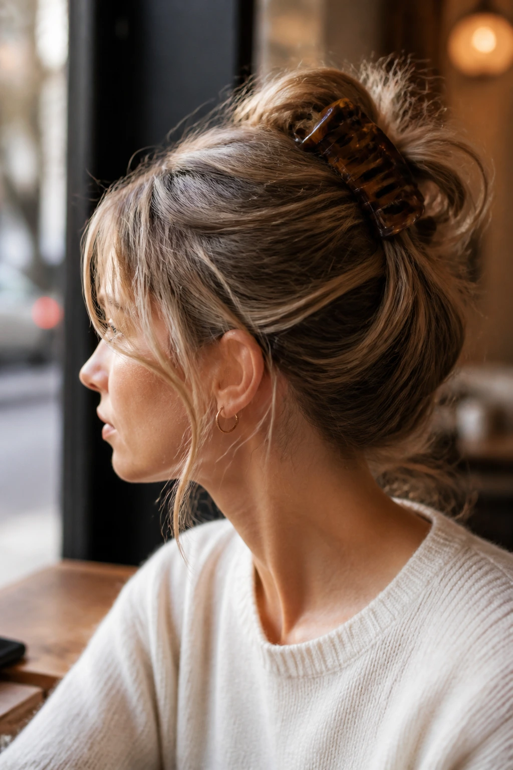 Real person with claw clip bun in a cafe setting