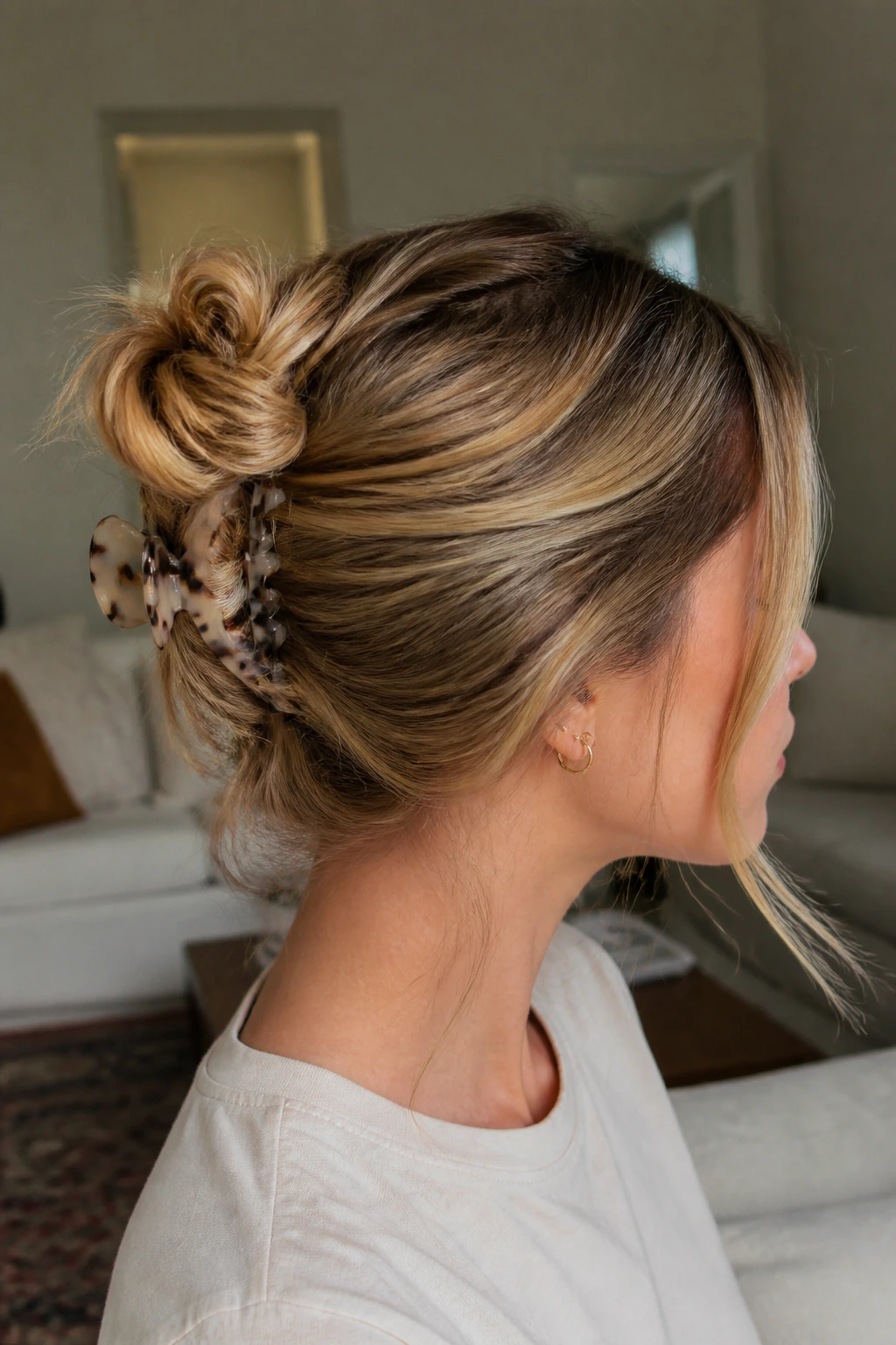 Close-up of a real woman wearing a claw-clip bun with the clip visible securing the twist.