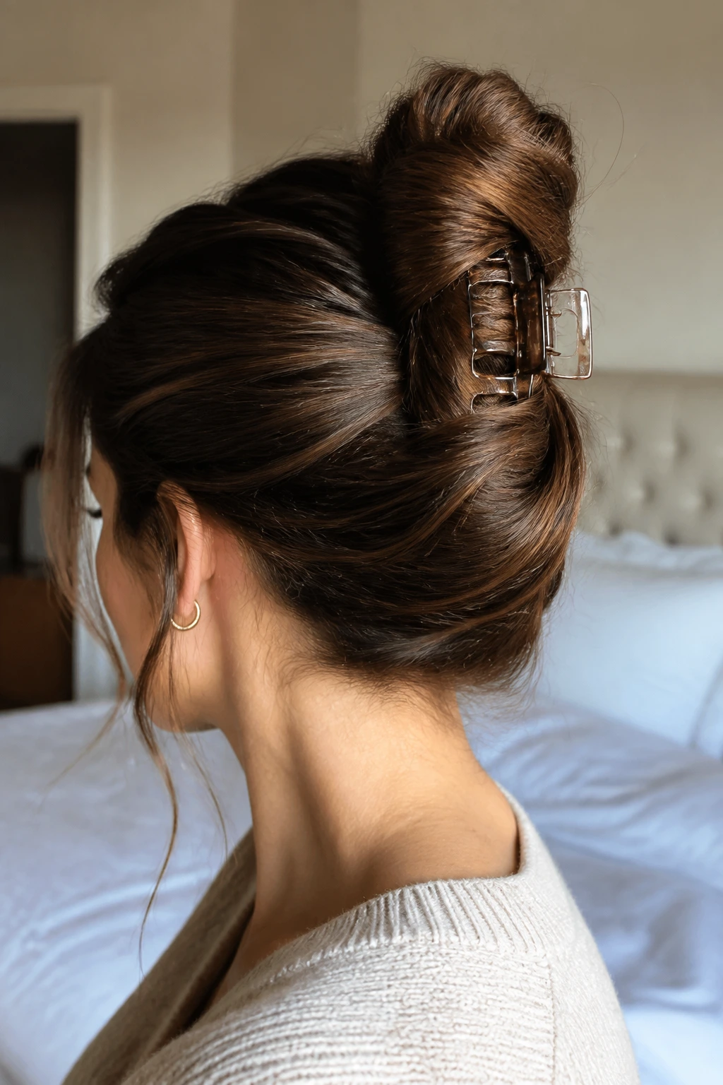 Close-up of a real woman showing a claw-clip bun with a visible large clip.