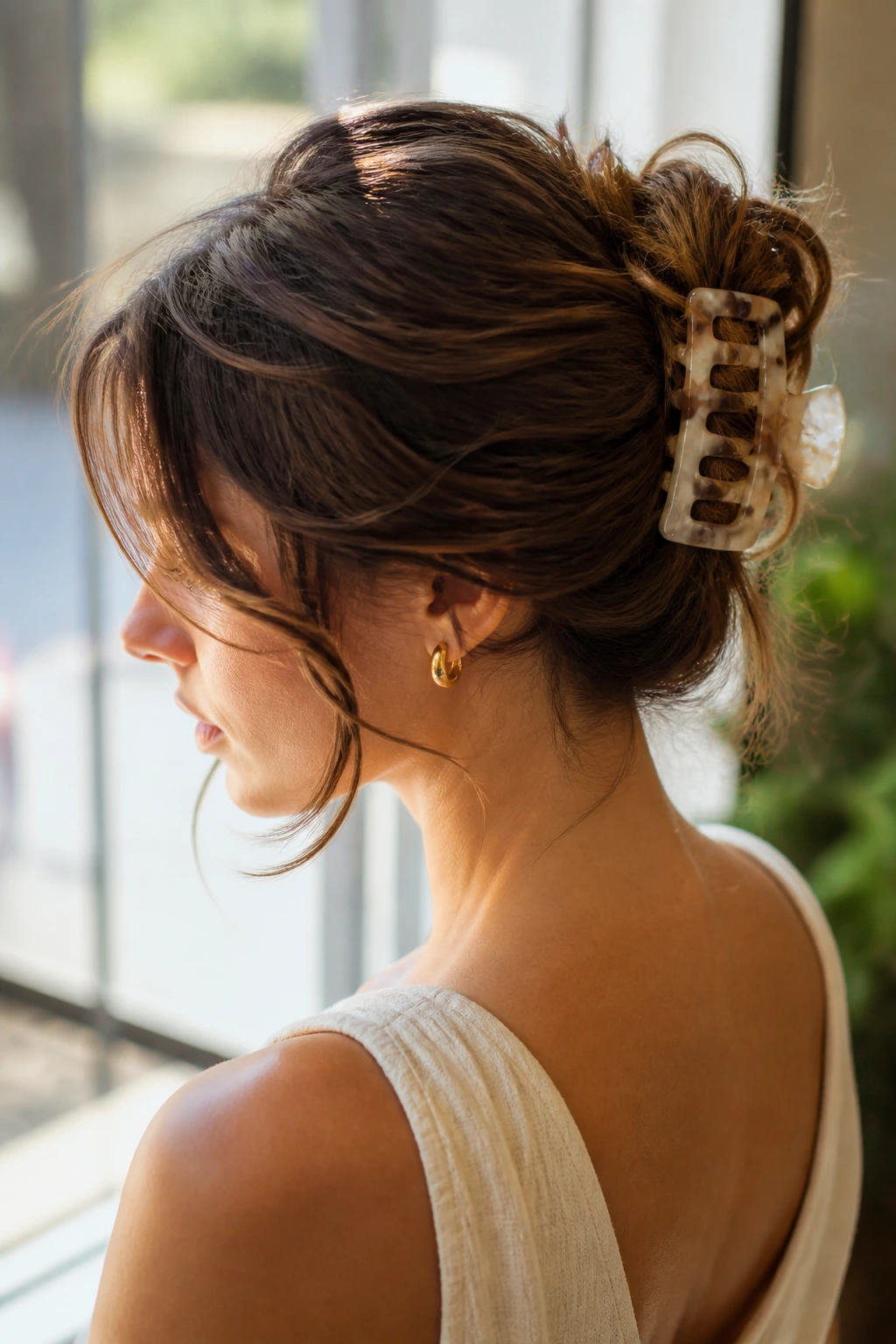 Close-up of a real woman with a claw-clip chignon