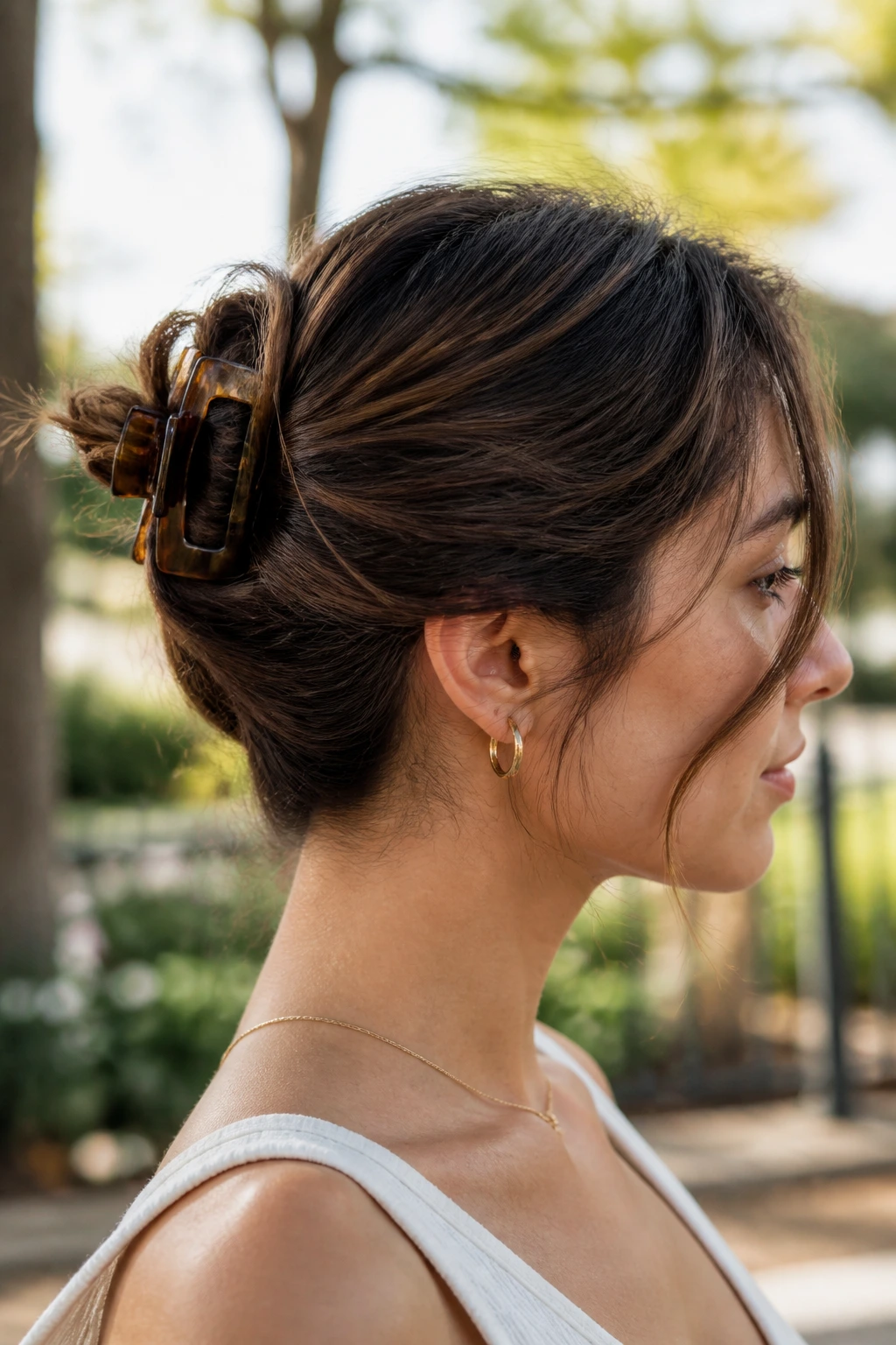 Portrait of a woman with a claw-clip chignon hairstyle